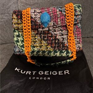 Kurt Geiger Multicolor Tweed Kensington Bag with LARGE Blue Eagle Head